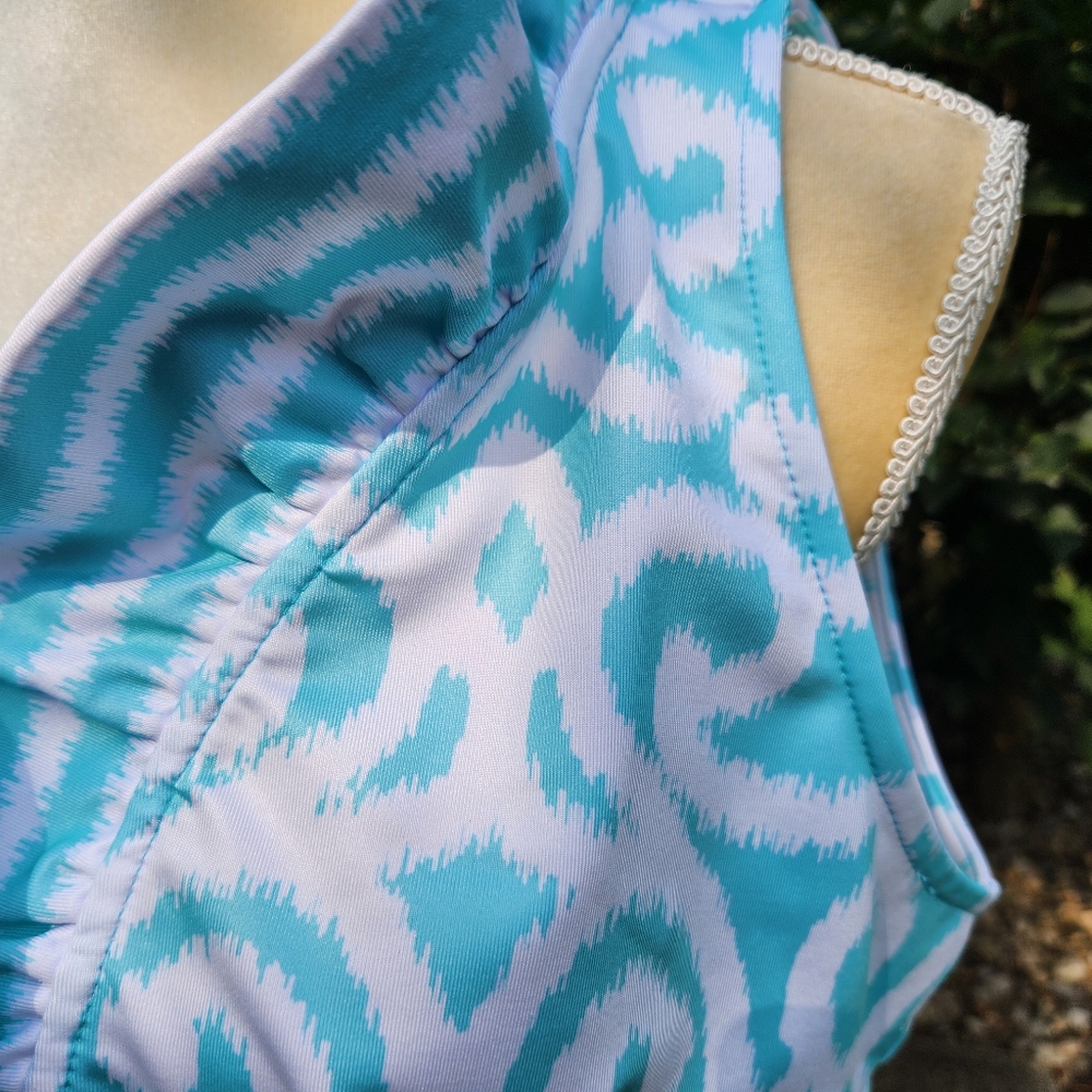 Gretchen Scott Dress Ruffle Ruffneck Sheath Turquoise Arabesque Size L Wedding - Picture 3 of 10